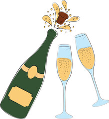 Champagne bottle with glasses. Champagne splashes. Holiday. High quality vector illustration.