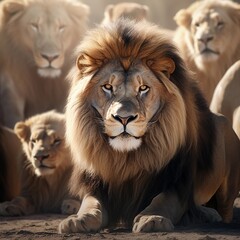 Fototapeta premium Big male Lion against a herd of lions ambience background, background image, AI generated