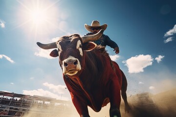 Bucking action during the bull riding competition at a rodeo - obrazy, fototapety, plakaty