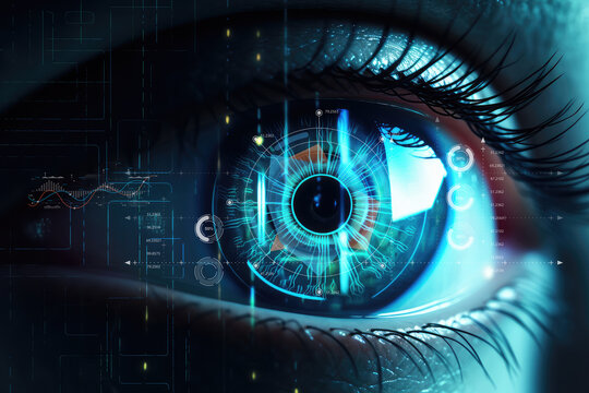 Closeup human eye banner with ample copy space. Highlighting Lasik vision correction and cyber elements for biometric data security. A compelling image for your tech and security projects.