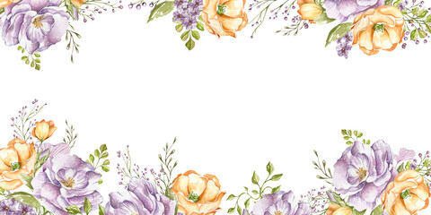 lilac delicate roses, light orange poppies, decorative twigs and leaves. Banner. bouquets watercolor illustration on a white background. in the style of a sketch.