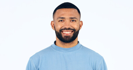 Happy, portrait and man in Brazil, studio and white background and athlete with confidence and pride. Face, smile and person with happiness, optimism and positive mindset for sports with mockup space