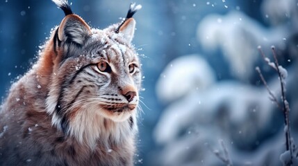 Portrait of a big male Lynx against winter snowfall ambience background with space for text, background image, AI generated