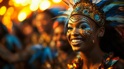 Flamboyantly costumed dancers parade at Rio Carnival, Brazil. - obrazy, fototapety, plakaty