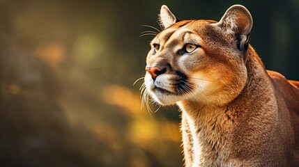Obraz premium Portrait of a big male puma against forest ambience background with space for text, background image, AI generated