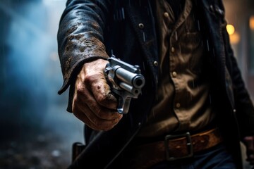 close up Outlaw hand holding a revolver gun, blurred background