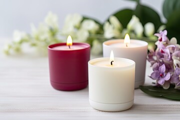 Using scented candles to relax on a white wooden table.