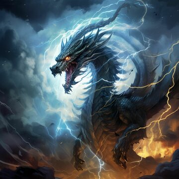 AI generated illustration of a dragon roaring during lightning in the storm