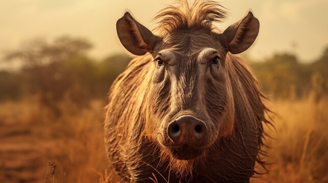 Portrait of a big male Warthog against savanna ambience background with space for text, background image, AI generated