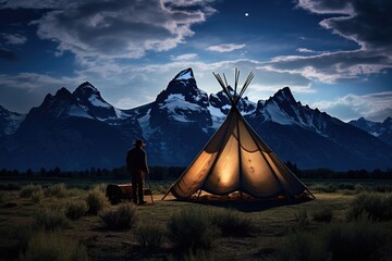 Cowboy and Teepee under a Twilight Sky - obrazy, fototapety, plakaty