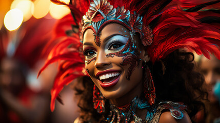 Dancers in colorful costumes at Rio Carnival, Brazil.