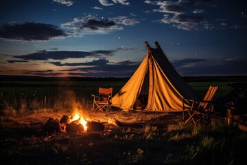old fashioned outdoor cowboy camping with tent and campfire, night sky view - obrazy, fototapety, plakaty