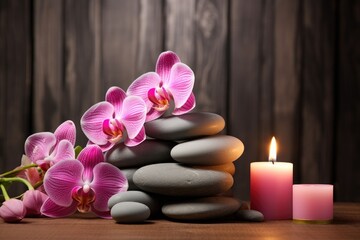Fototapeta na wymiar Pink orchid, candle, stone on wooden background, ideal for spa salons. Empty area for text.