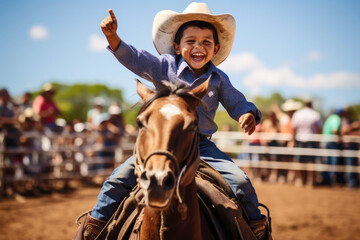 happy young Cowboy on horseback at rodeo event