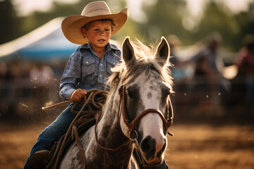 young cowboy in hat riding a horse on the ranch, rising new generation - obrazy, fototapety, plakaty