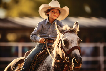 young cowboy in hat riding a horse on the ranch, rising new generation - obrazy, fototapety, plakaty