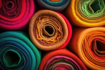 arranged rolls of vibrant colorful fabrics