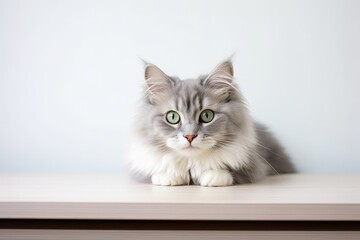 Gray, longhaired kitten with big green eyes resting on a table. Fluffy cat licking lips, space for text.