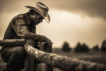 lone cowboy sitting on the wooden fence, black and white shot