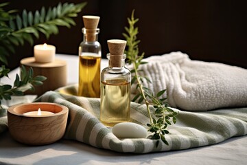 Spa set for herbal therapy, traditional medicine, and homeopathy with natural oil essence and tools like salt towel, herbs, brush, candles. Used for massage and aromatherapy.