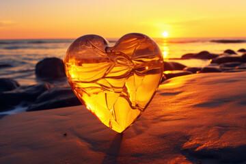 Heart shaped amber on sand on the beach at sunset - obrazy, fototapety, plakaty
