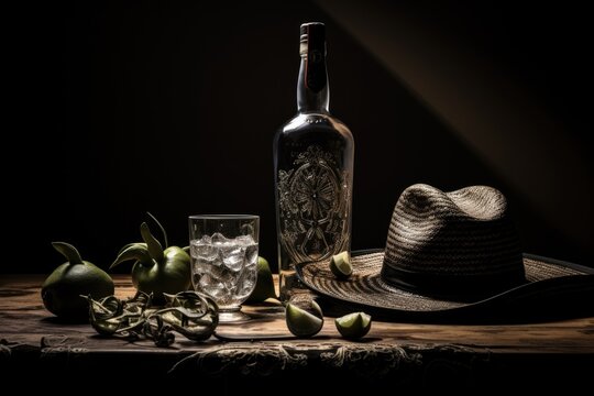 bottle and glass of Alcohol with hat on dark shadow background