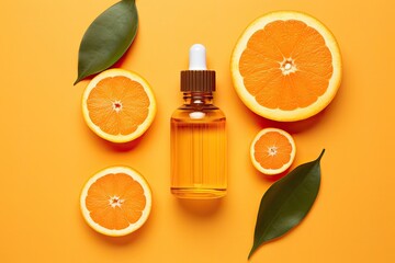 A mock-up of beauty products with a natural vitamin C serum, skincare, and essential oil in a brown glass vial with a dropper, accompanied by a fresh orange fruit slice, on an orange background.