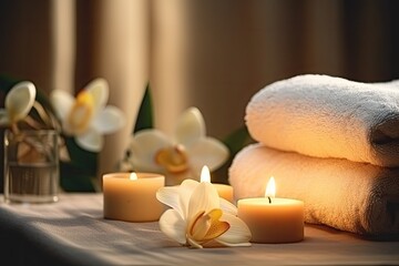 Calm spa area in new wellness center. Candles, towels, massage table. Lovely arrangement in wellness center's spa.