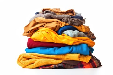 Colorful clothes stacked on a white surface.