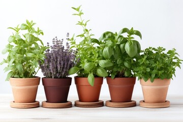A collection of potted herbs for garden or home, including basil, rosemary, parsley, and oregano plants in clay pots isolated on a white background.