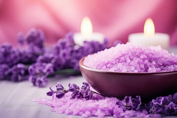 Obraz na płótnie Canvas Purple lavender spa with salt and nail treatment. Thai spa massage. Healthy. Soft focus available.