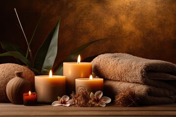 Spa ambiance featuring candles on brown backdrop.