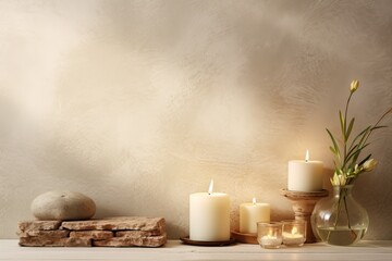 Spa arrangement with candles on brick backdrop