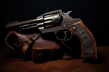 Old Vintage engraved western revolver gun close up on dark background - obrazy, fototapety, plakaty