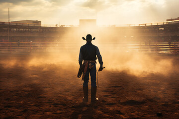 Lone Cowboy at the Rodeo arena, Dust and Sunset Scene - obrazy, fototapety, plakaty