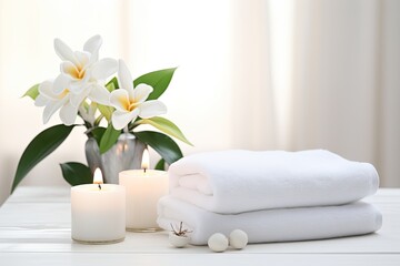 Naklejka na ściany i meble Spa set on white table, including beauty and fashion items. Spa towel with candle, plumeria, and tree also on table.
