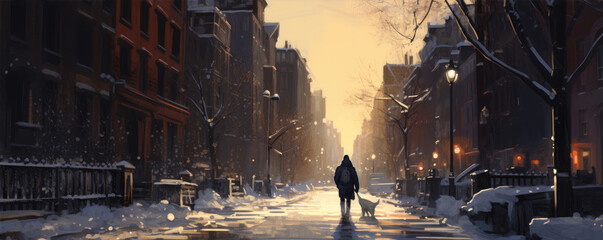Man Walk with my his dog in winter city. copy space for text. - obrazy, fototapety, plakaty