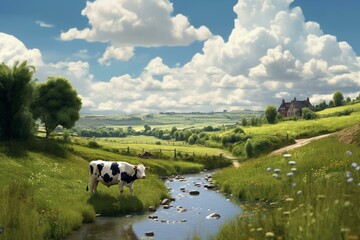 Scenic countryside with cow. Generative AI