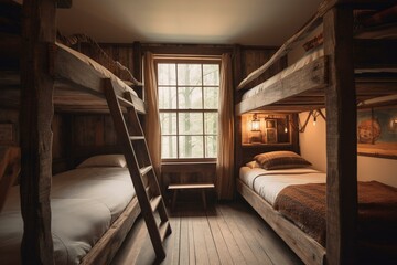 A warm and rustic bedroom featuring a bunk bed and ladder made from tree trunks. Generative AI - obrazy, fototapety, plakaty