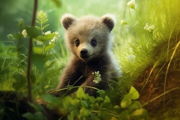 adorable bear cub exploring the forest. Generative AI