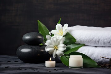 Fototapeta na wymiar Zen lifestyle represented by Spa ball, candle, green leaves, white gardenia, black stones, and towel on wet background.