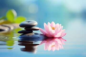 Zen and meditation represented by lotus flower and stones on water, with space for text.