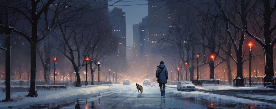 Man Walk with my his dog in winter city. copy space for text.