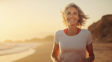 Fototapeta na wymiar fit and happy middle aged woman running on the beach - 40s or 50s attractive mature lady with grey hair doing jogging workout enjoying fitness and healthy lifestyle at beautiful sea landscape