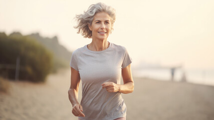 Fototapeta na wymiar fit and happy middle aged woman running on the beach - 40s or 50s attractive mature lady with grey hair doing jogging workout enjoying fitness and healthy lifestyle at beautiful sea landscape