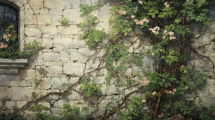 Vines with delicate flowers creeping up a rustic stone wall, portraying a blend of nature and architecture.