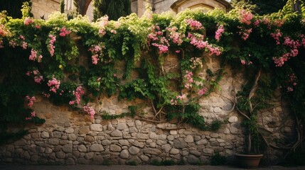 Vines with delicate flowers creeping up a rustic stone wall, portraying a blend of nature and architecture.