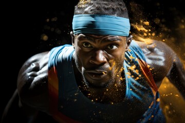 Capturing the powerful a sprinter leaving the starting block, showcasing the intensity and determination of the race. The focus is on the muscles and the force, portraying the energy. Generative ai