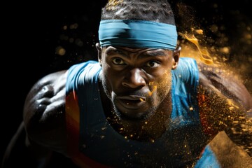 Capturing the powerful a sprinter leaving the starting block, showcasing the intensity and determination of the race. The focus is on the muscles and the force, portraying the energy. Generative ai