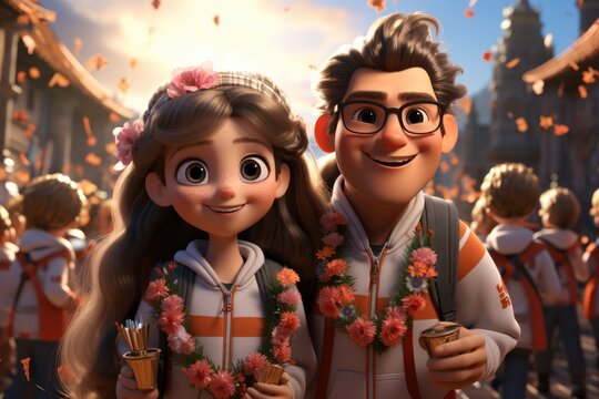 A kawaii scene featuring cheerful, chubby characters on the Olympic podium, wearing miniature medals and holding tiny bouquets, their eyes sparkling with pride and joy. generative ai